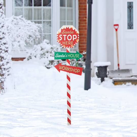 Glitzhome® 41.75'' Lighted Santa Stops Here Wooden Yardstake